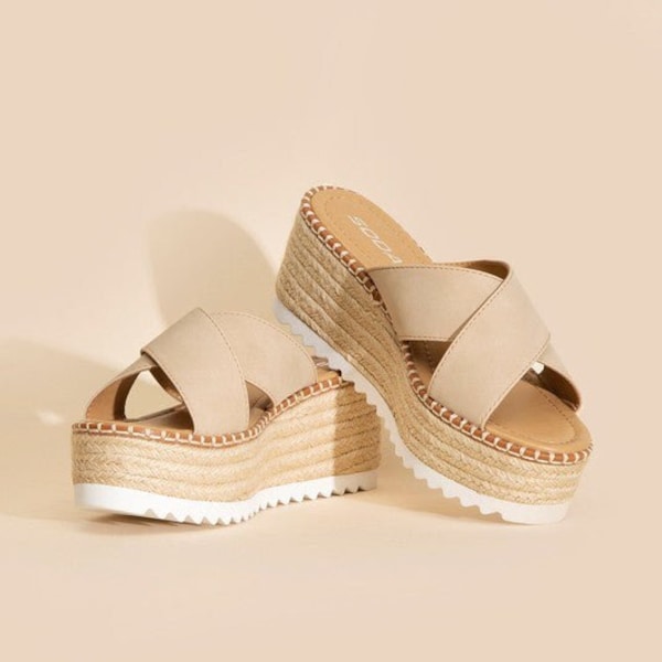 Double Strap Open-Toe Raffia Platform Wedge Slide Sandals