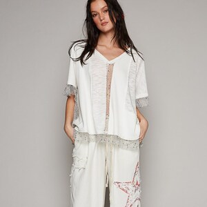 Openwork Drawstring Hooded Half Sleeve Knit Top