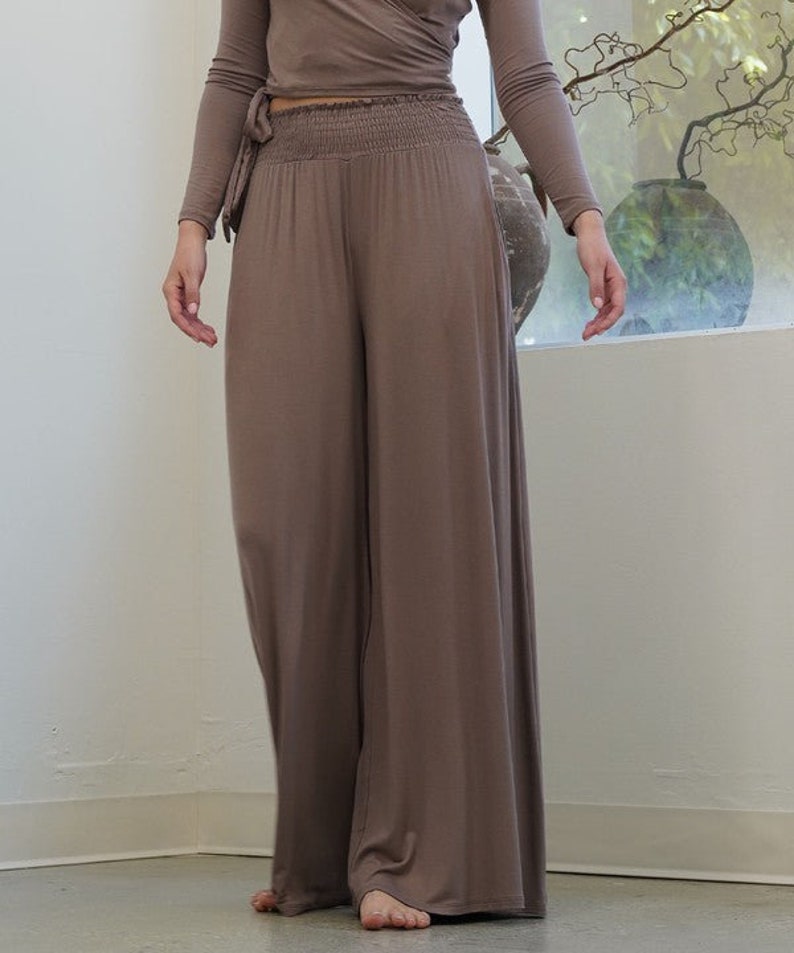 Smock Elastic Waist Maxi Palazzo Pants Wide Leg Flowy Bamboo Palazzo Pants image 7