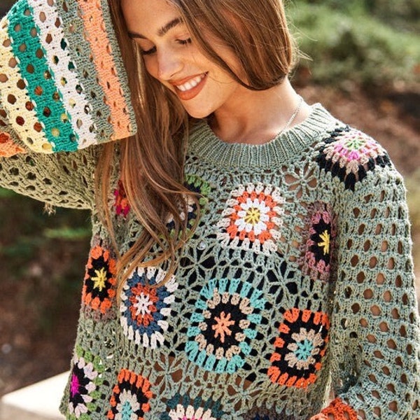 Floral Crochet Striped Sleeve Cropped Knit Sweater| Casual Knit Sweater