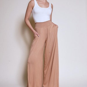 Smock Elastic Waist Maxi Palazzo Pants Wide Leg Flowy Bamboo Palazzo Pants image 2