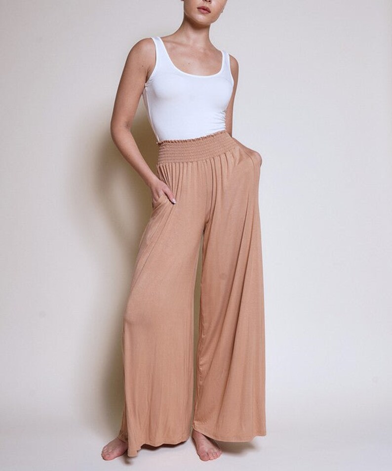 Smock Elastic Waist Maxi Palazzo Pants Wide Leg Flowy Bamboo Palazzo Pants CAMEL