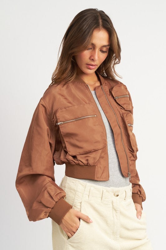 EZwear Solid Zip Up Crop Bomber Jacket