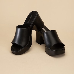 Typo Open Toe Round Block Heel Slides, Mules, Clogs, Sandals