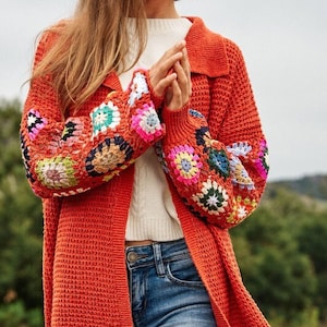 Crochet Floral Printed Long Sleeve Cardigan| Knit Floral Open Cardigan