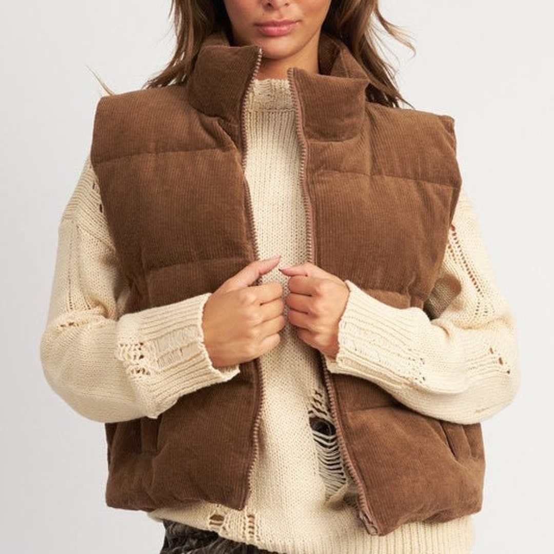 Winter Wanderlust Corduroy Puffer Vest with Ruffle Sleeves in Rust Red