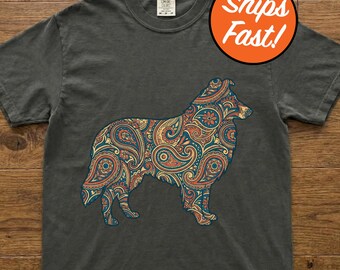 T-shirt colley, t-shirt pour chien cachemire, motif colley coloré, cadeau pour amoureux des animaux de compagnie, haut graphique pour chien aux couleurs confort