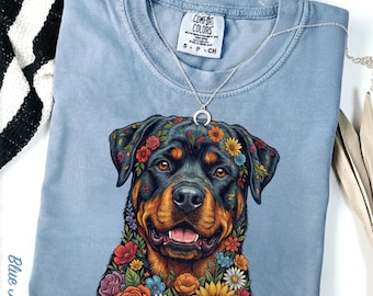 Rottweiler T-Shirt, Floral Dog Graphic Tee, Forward Facing Rottweiler Art, Pet Lover Gift, Comfort Colors Design, Dog Mom Shirt