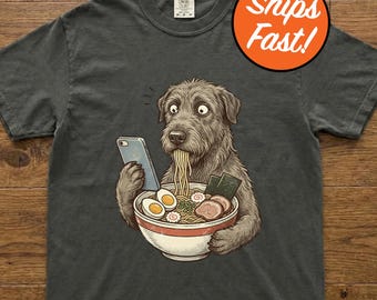Irish Wolfhound T-Shirt, Funny Dog Eating Ramen Tee, Surprised Dog Lover Graphic, Comfort Colors Casual Dog Top