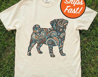 T-shirt carlin, t-shirt pour chien motif cachemire, cadeau coloré pour amateur de carlin, haut mignon pour propriétaire d'animal de compagnie, design graphique carlin aux couleurs confortables