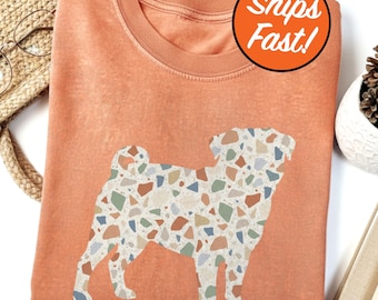T-shirt carlin, t-shirt graphique terrazzo, design carlin mignon, cadeau pour amoureux des chiens, haut couleurs confort pour propriétaire d'animal de compagnie, vêtements pour maman de chien