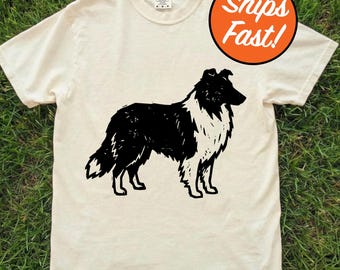 T-shirt colley, t-shirt pour chien en linogravure artistique, design unique pour colley, cadeau discret pour amoureux des animaux de compagnie, haut graphique pour chien aux couleurs confortables