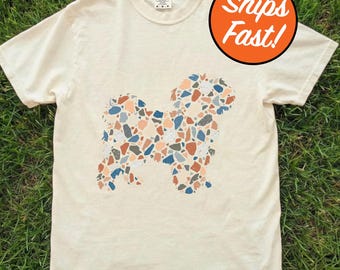 T-shirt maltais, t-shirt pour chien imprimé terrazzo, joli design maltais, cadeau pour amoureux des animaux de compagnie, haut graphique pour chien aux couleurs confort