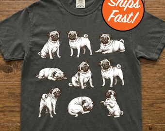 T-shirt carlin, t-shirt poses de chien mignon, design graphique carlin adorable, cadeau pour amoureux des animaux de compagnie, haut pour propriétaire de chien couleurs confort