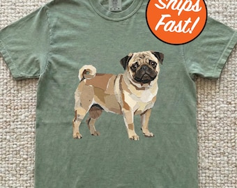T-shirt carlin, t-shirt pour chien avec collage en papier, design artistique unique carlin, aspect fait main, haut carlin graphique aux couleurs confortables