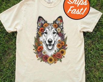 T-shirt colley, t-shirt floral pour chien, design graphique colley face vers l'avant, cadeau pour amoureux des animaux, haut confortable pour propriétaire de chien couleurs