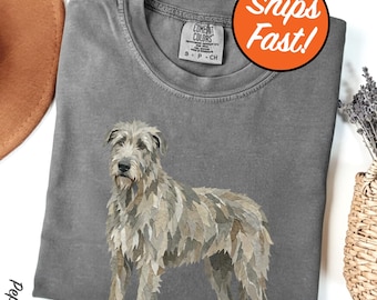 T-shirt lévrier irlandais, tee-shirt d'art chien collage en papier, design unique de lévrier irlandais, cadeau créatif pour amoureux des animaux de compagnie, chemise graphique couleurs confort