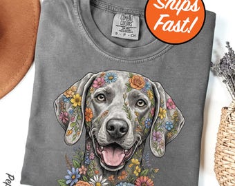 T-shirt Braque de Weimar, T-shirt à motif floral pour chien, Braque de Weimar orienté vers l'avant, Cadeau pour amoureux des chiens, Haut couleurs confortables pour propriétaire d'animal de compagnie