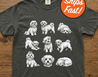 T-shirt pour chien maltais, t-shirt avec des poses de chiots mignons, 9 adorables motifs maltais, cadeau pour amoureux des chiens, haut pour parent d'animal de compagnie couleurs confort