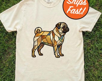 T-shirt carlin, t-shirt silhouette en vitrail, cadeau pour amoureux des chiens au design épuré et simple, oeuvre d'art unique sur le carlin, haut graphique aux couleurs confortables