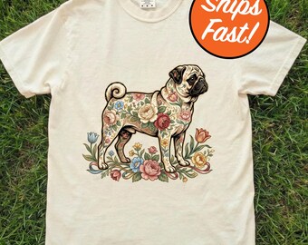 T-shirt carlin, t-shirt floral moderne en chintz, cadeau mignon pour amoureux des chiens carlin, chemise maman carlin, haut graphique pour chien aux couleurs confort