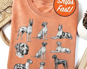 T-shirt Dogue Allemand, T-shirt graphique Dog Poses, 9 modèles de Dogue Allemand uniques, Cadeau pour amoureux des animaux, Haut de race de chien aux couleurs confortables