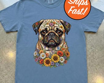 T-shirt carlin, t-shirt floral carlin, cadeau mignon pour amoureux des chiens, carlin orienté vers l'avant, haut aux couleurs confortables pour maman de chien