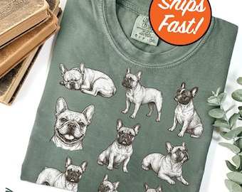 T-shirt bouledogue français, tee-shirt avec des poses de chien mignon, graphique Frenchie ludique, cadeau pour amoureux des animaux de compagnie couleurs confort, chemise pour maman chien, haut pour amoureux des animaux