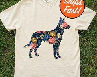 T-shirt belge malinois, t-shirt floral moderne pour chien en chintz, cadeau pour amoureux des animaux de compagnie, art canin, chemise pour maman chien, t-shirt couleurs confort