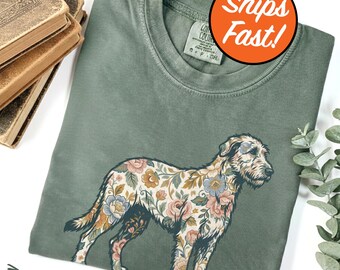 Irish Wolfhound T-Shirt, Modern Chintz Floral Tee, Dog Lover Gift, Stylish Pet Owner Shirt, Comfort Colors Design, Flower Dog Art