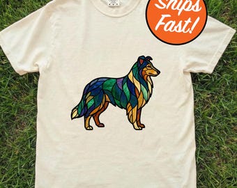 T-shirt colley, tee-shirt silhouette en vitrail, cadeau pour amoureux des chiens au design épuré et simple, haut graphique colley aux couleurs confortables