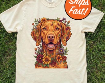 T-shirt Vizsla, t-shirt floral pour chien, face vers l'avant, cadeau pour amoureux des chiens, haut graphique couleurs confort