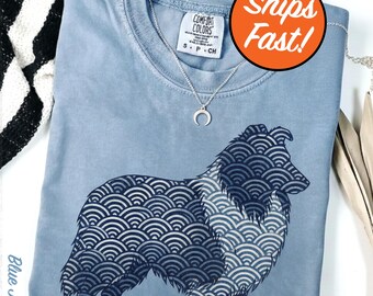 T-shirt colley, t-shirt pour chien silhouette Seigaiha, cadeau élégant pour propriétaire d'animal de compagnie colley, haut colley graphique aux couleurs confort