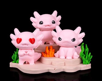 3D Printed Axolotl Display | Happy, Heart Eyes, Grumpy Figures, Aquarium Decor
