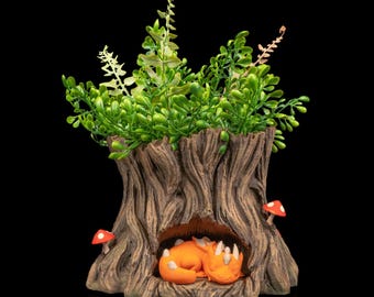 Sleeping Dragon Tree Stump Planter | Fantasy Fairy Garden Decor (3D Printed)