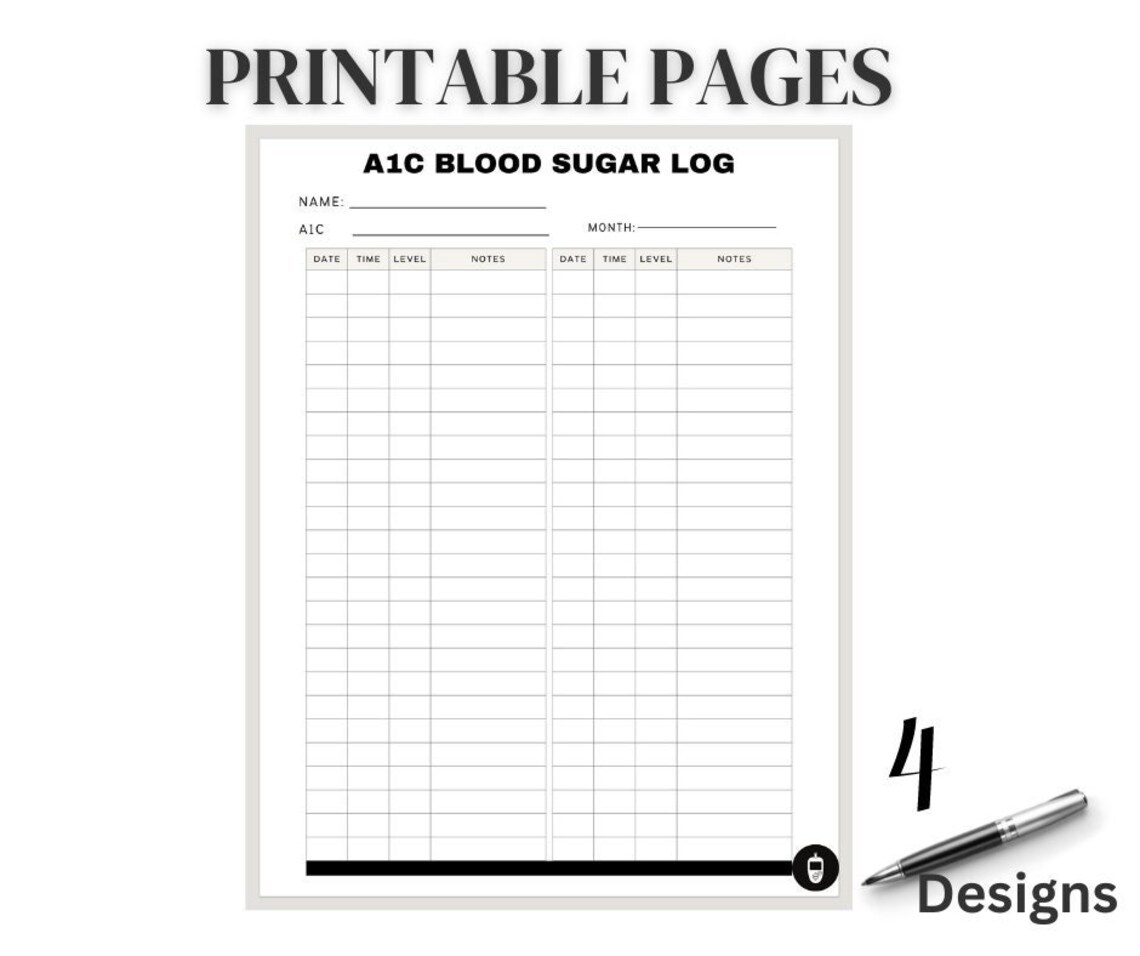 A1C Blood Glucose Tracker, Printable Blood Sugar Log, Medical Checklist ...