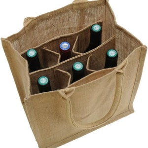 Natural Jute Burlap 6 Bottle Wine Tote Bag Reusable Jute Wine Carrier with Divider