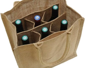 May include: A brown jute wine tote bag with six individual bottle slots. The bag has two handles and is made of natural jute fabric.