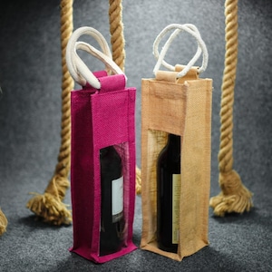 Wine Gift Bag Store, Jute Burlap Bottle Wine Gift Tote Bags, Size 14&quot; x 4&quot; x 4&quot; Burlap wine gift bag eco friendly wine bag single bottle