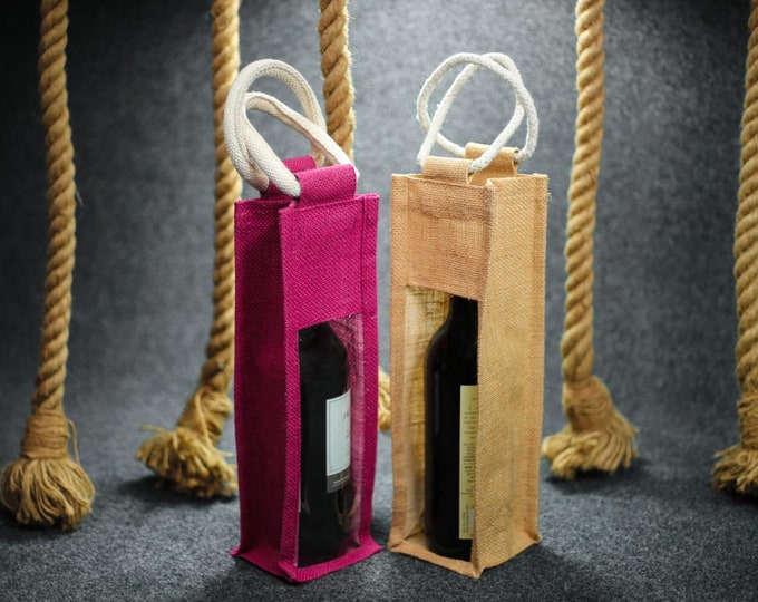 Wine Gift Bag Store, Jute Burlap Bottle Wine Gift Tote Bags, Size 14" x 4" x 4" Burlap wine gift bag eco friendly wine bag single bottle