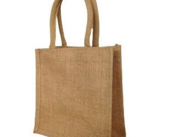 May include: A brown jute tote bag with two handles. The bag is made of natural fibers and has a rustic look.
