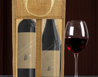 May include: A brown burlap wine bag with two clear glass wine bottles inside. The bottles have labels that say "Wine" and feature a grape design. A glass of red wine is next to the bag.