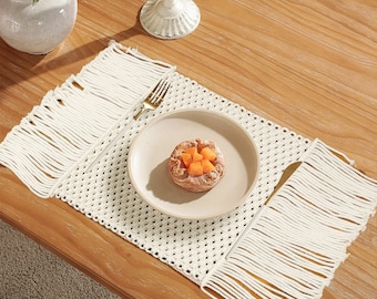 Macrame Placemats, Handmade Cotton Woven Placemats, Fringe Placemats for Dining Table, Kitchen, Bohemian Wedding Decor , white 10x16inch