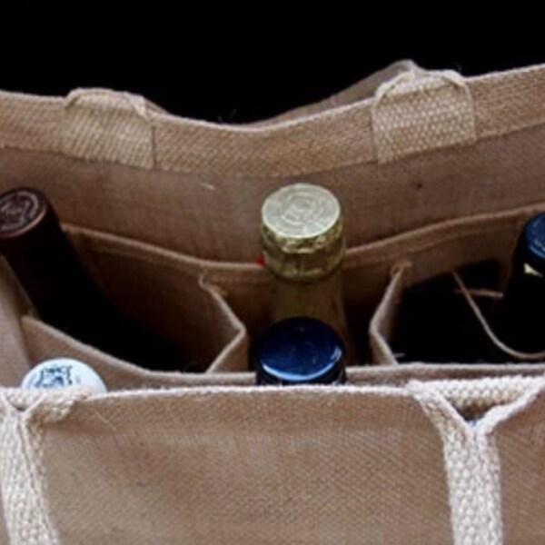 Natural Jute Burlap 6 Bottle Wine Tote Bag Reusable Jute Wine Carrier with Divider