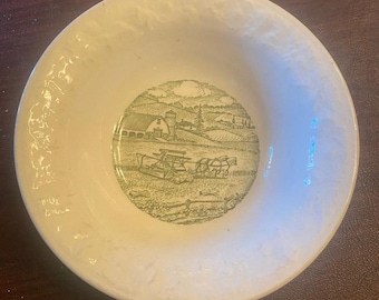 Taylor Smith Taylor - Pastoral - Cereal Bowl - Green and White Bowl - Embossed Floral Rim - Vintage Bowl - Vintage Pastoral Scene