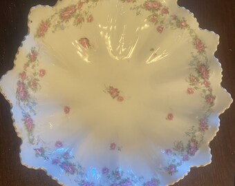 Antique M Z Austria 1-10” Ruffled Bowl Rose Pattern & 6- 5”Ruffled desert plates Rose Pattern Stamped, Numbered