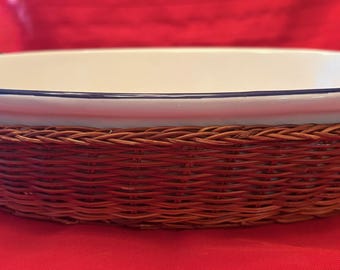 White Oval Oven Safe Serving Dish with Wicker Basket