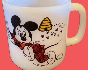 Vintage Libbey Milk Glass Mickey Mouse Club Mug, Mickey Being Chased By Bees, Beehive, Collectible Disney Memorabilia, Mid Century Mugs