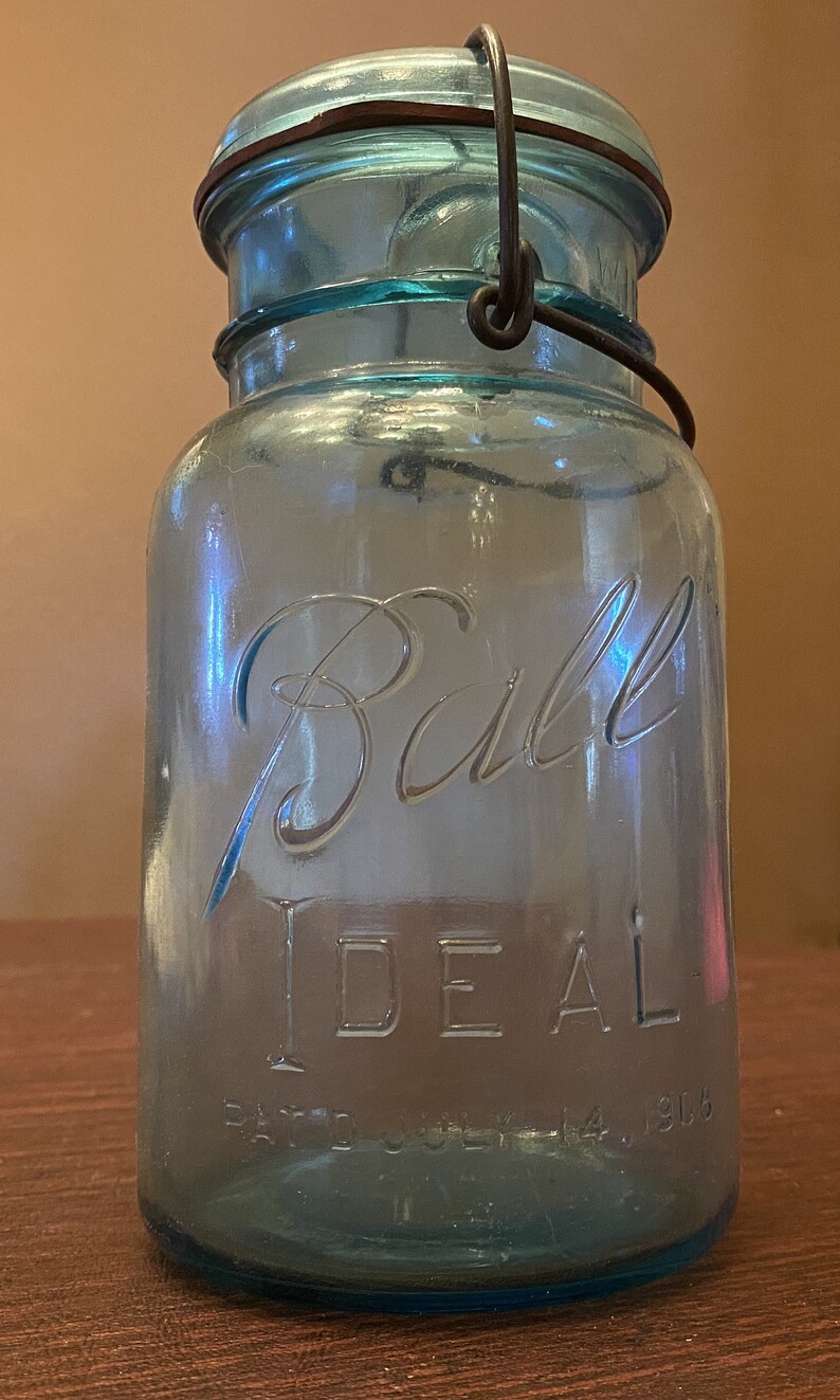 One Quart Vintage July 14 1908 Ball Ideal Blue Aqua Mason Jar Etsy