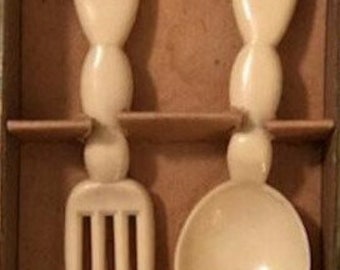 Vintage Baby Fork and Spoon Teddy Bear White Hard Plastic from 1945